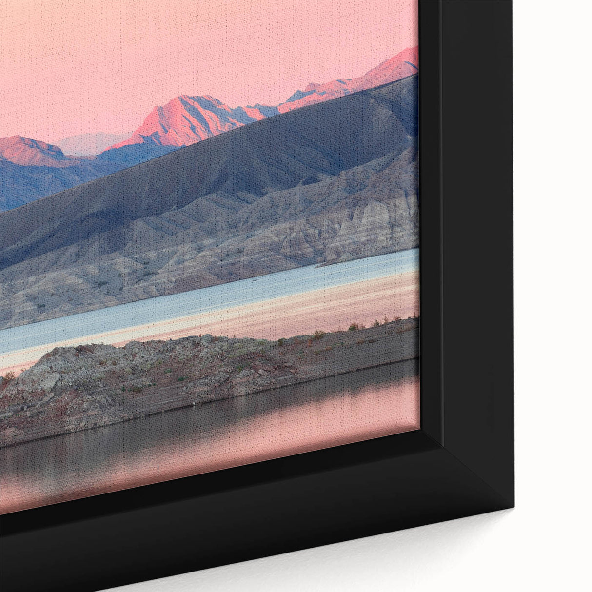 Extra large framed canvas of Lake Mead with a textured black foreground and colorful sunset, ideal for living room decor.