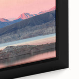 Extra large framed canvas of Lake Mead with a textured black foreground and colorful sunset, ideal for living room decor.