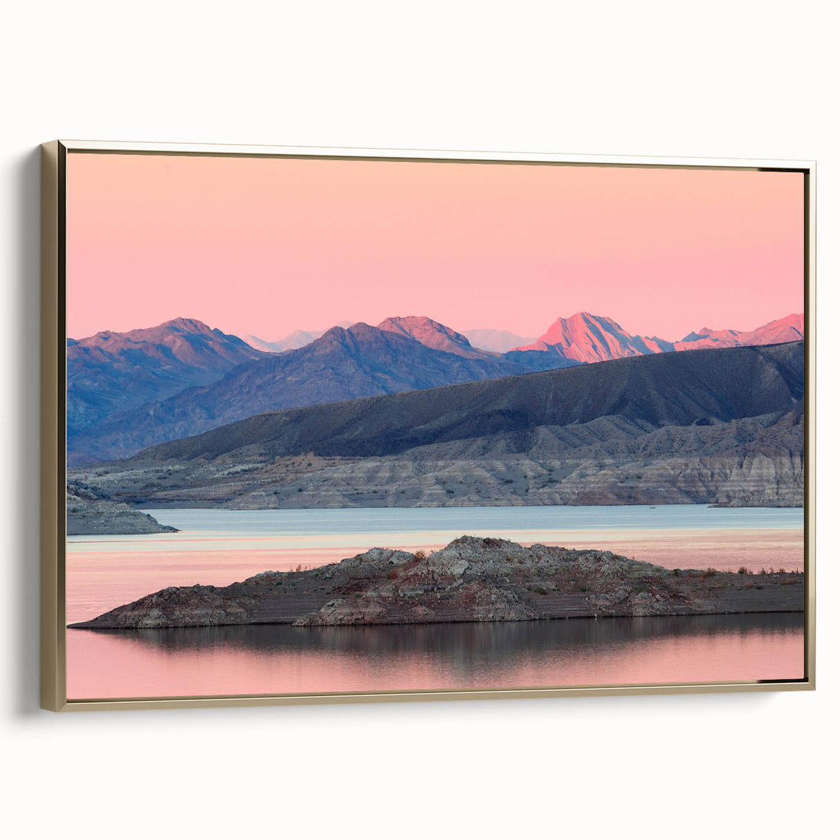 Framed canvas of Lake Mead landscape in muted gold and black tones, suitable for bedroom wall art.