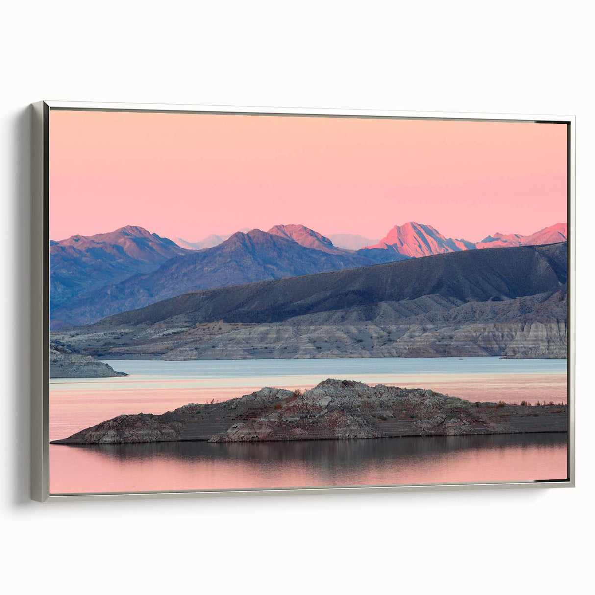 Framed canvas landscape art painting of Lake Mead with vivid blue and green tones.
