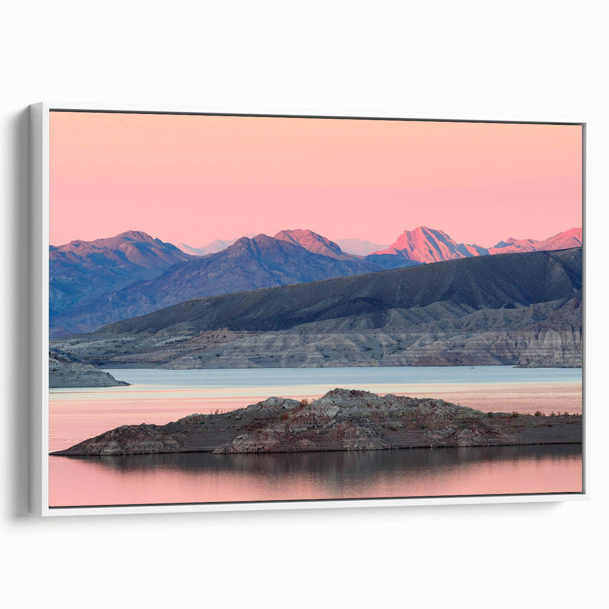 Vintage poster art of Lake Mead, Nevada, depicted in colorful hues on a large framed canvas, ideal for living room decor.