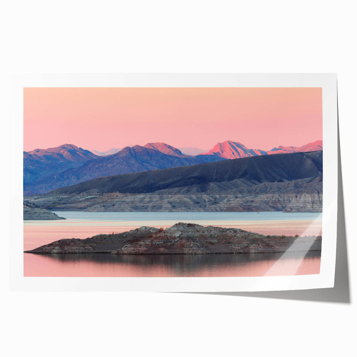 Extra large rolled print of Lake Mead, Nevada, featuring muted blue and green tones, ideal for dining room wall art.
