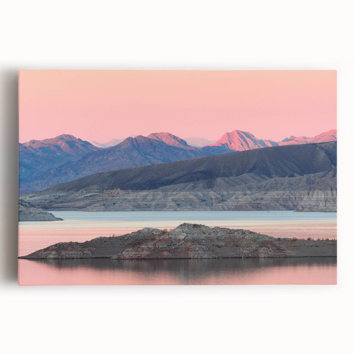 Black and white photograph of Lake Mead on stretched canvas, suitable as large kitchen wall art.