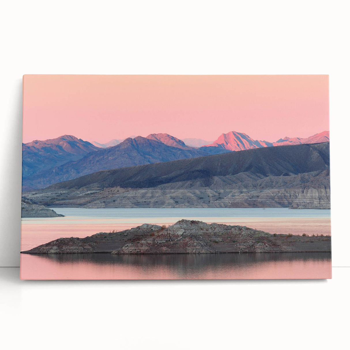 Black and white photograph on stretched canvas featuring Lake Mead, ideal for kitchen wall art or bedroom decor.