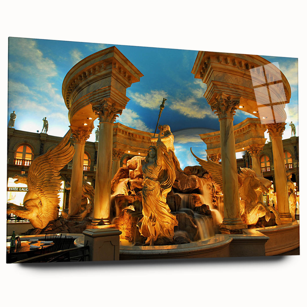 Large abstract depiction of Las Vegas skyline in vibrant colors on acrylic glass, ideal for bedroom or dining room art.