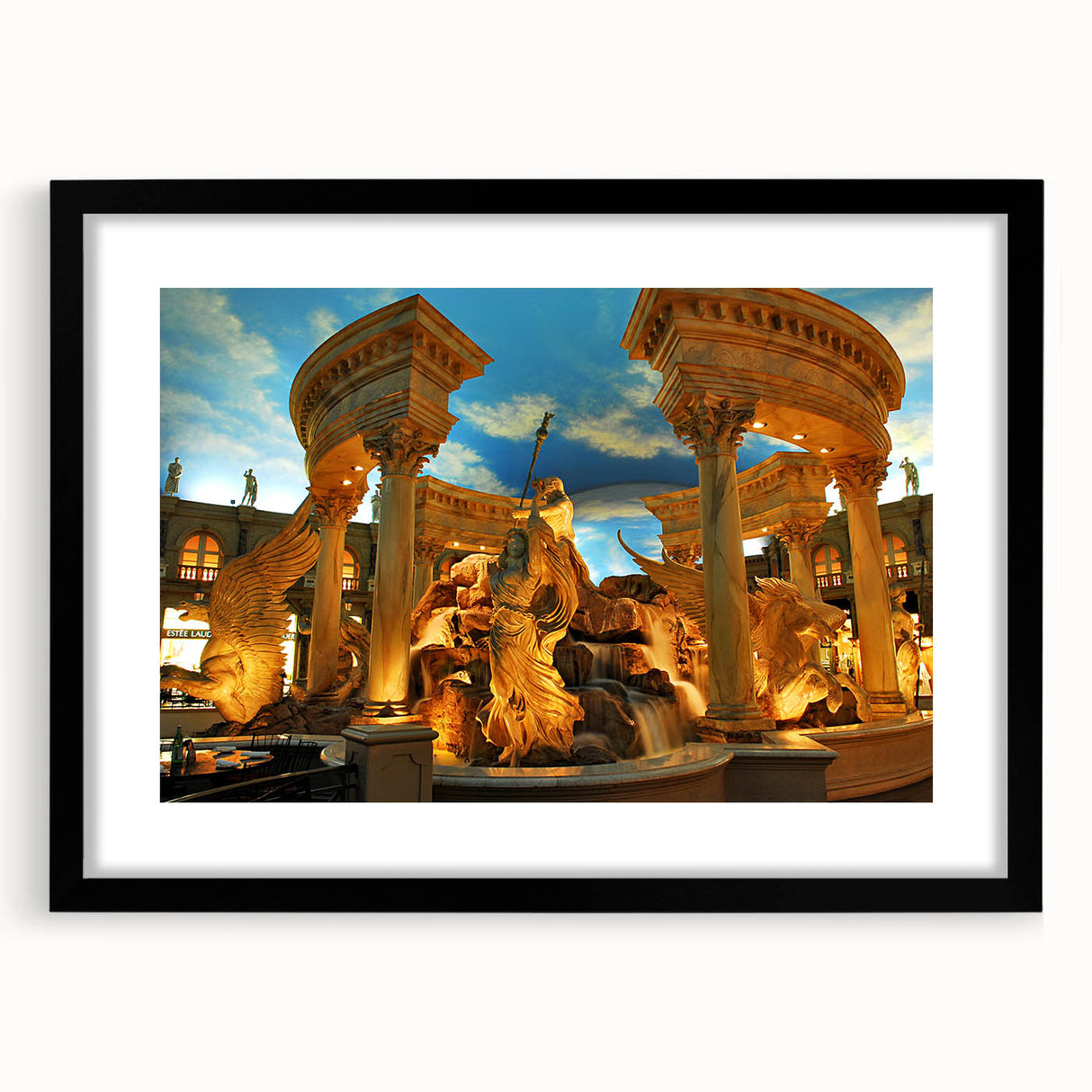 Extra large, textured abstract art print of colorful Las Vegas skyline on black-framed canvas, ideal for living room decor.