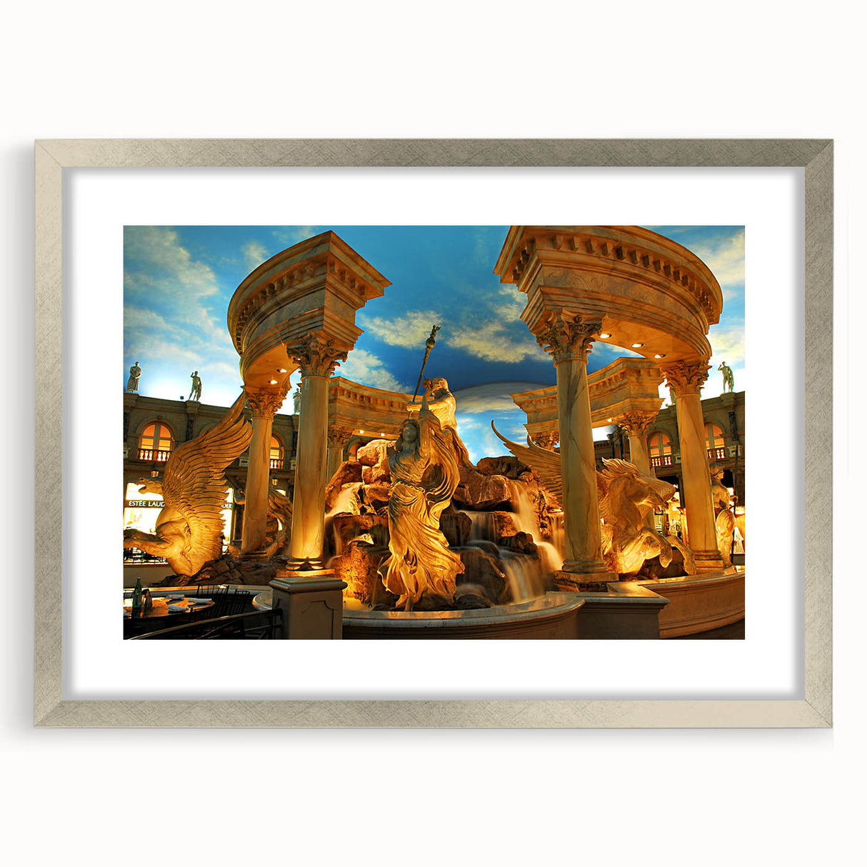 Textured art of abstract Las Vegas scenery in muted silver and gray tones on a framed mat, suitable for bedroom decor.