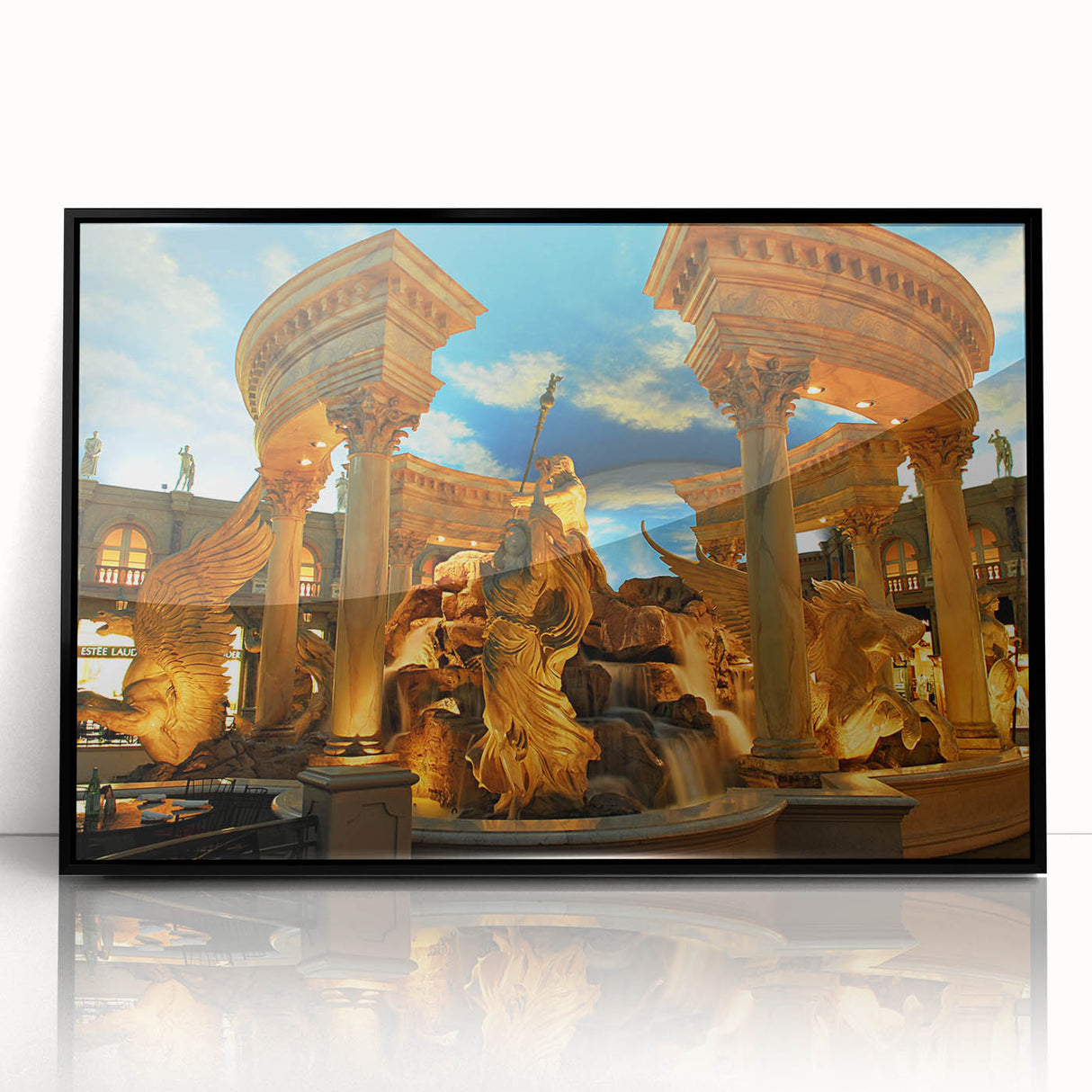 Large abstract wall art of the Las Vegas skyline in black and white hues on a framed acrylic.