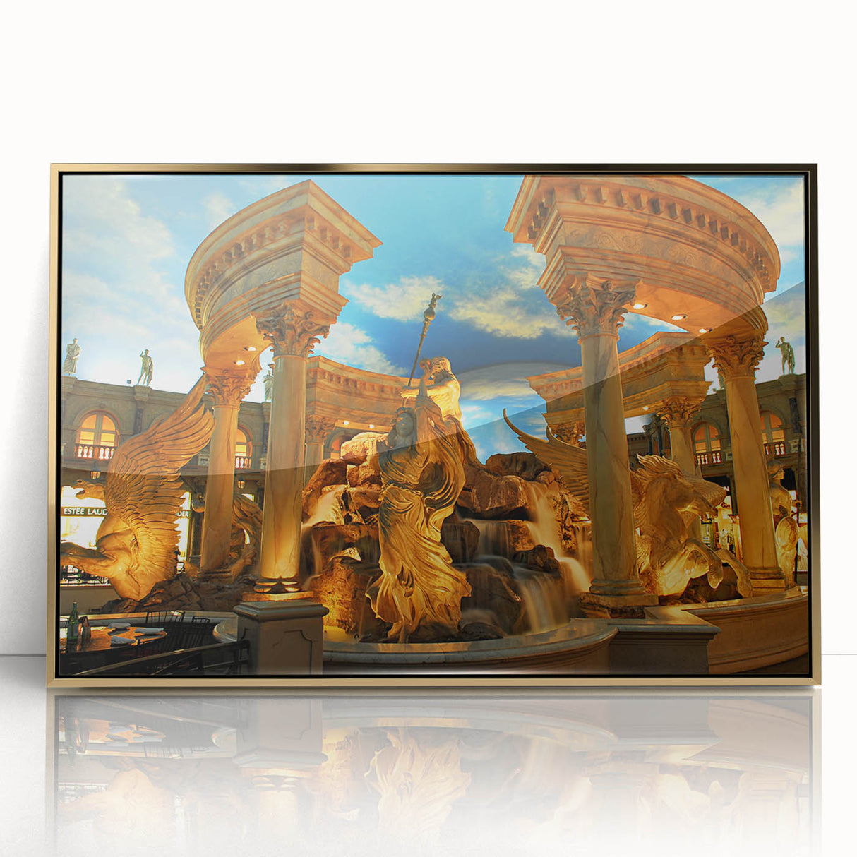 Framed acrylic print of Las Vegas skyline in gold and black tones, ideal for modern art wall decor.