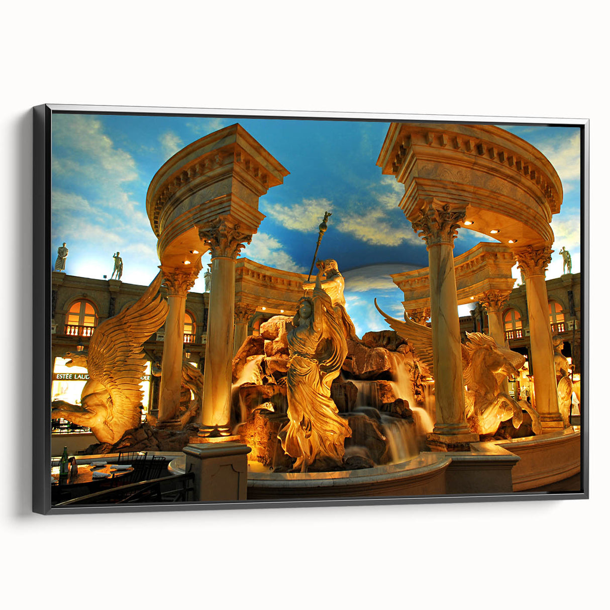 Black and white framed canvas of Las Vegas landscape, vintage poster art style, ideal for bedroom decor.