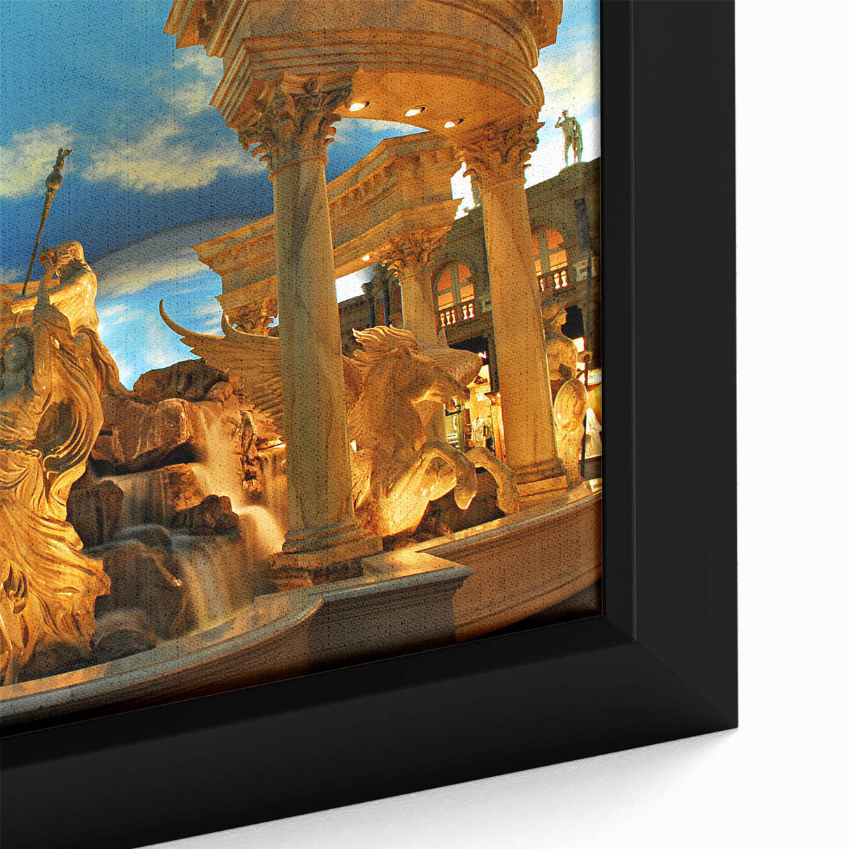 Extra large framed canvas of Las Vegas scenery in black with colorful, textured highlights, ideal for living room decor.