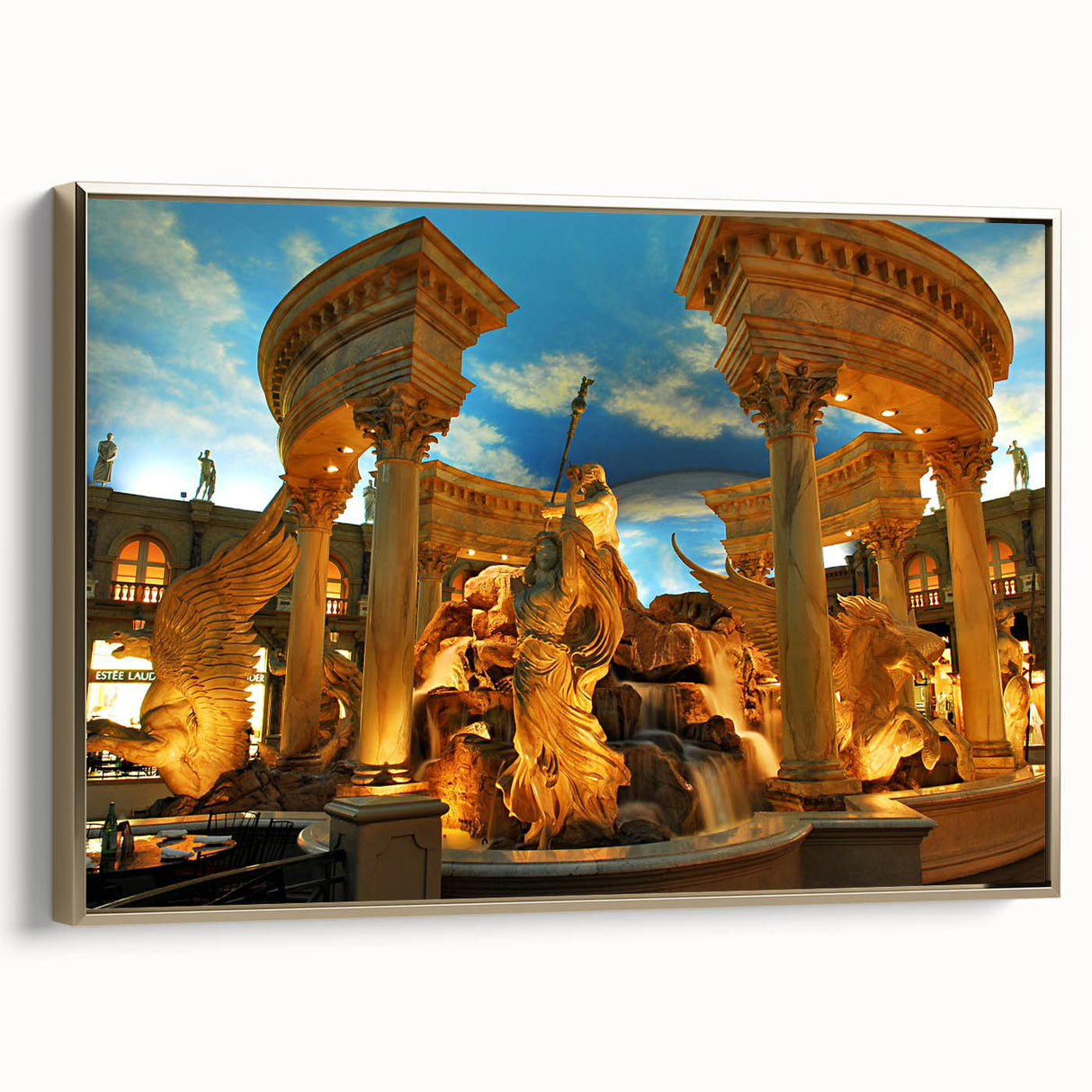 Framed canvas of Las Vegas landscape in vintage poster style with black and gold tones, suitable for bedroom wall art.