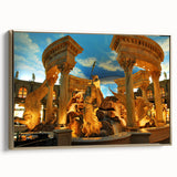 Framed canvas of Las Vegas landscape in vintage poster style with black and gold tones, suitable for bedroom wall art.