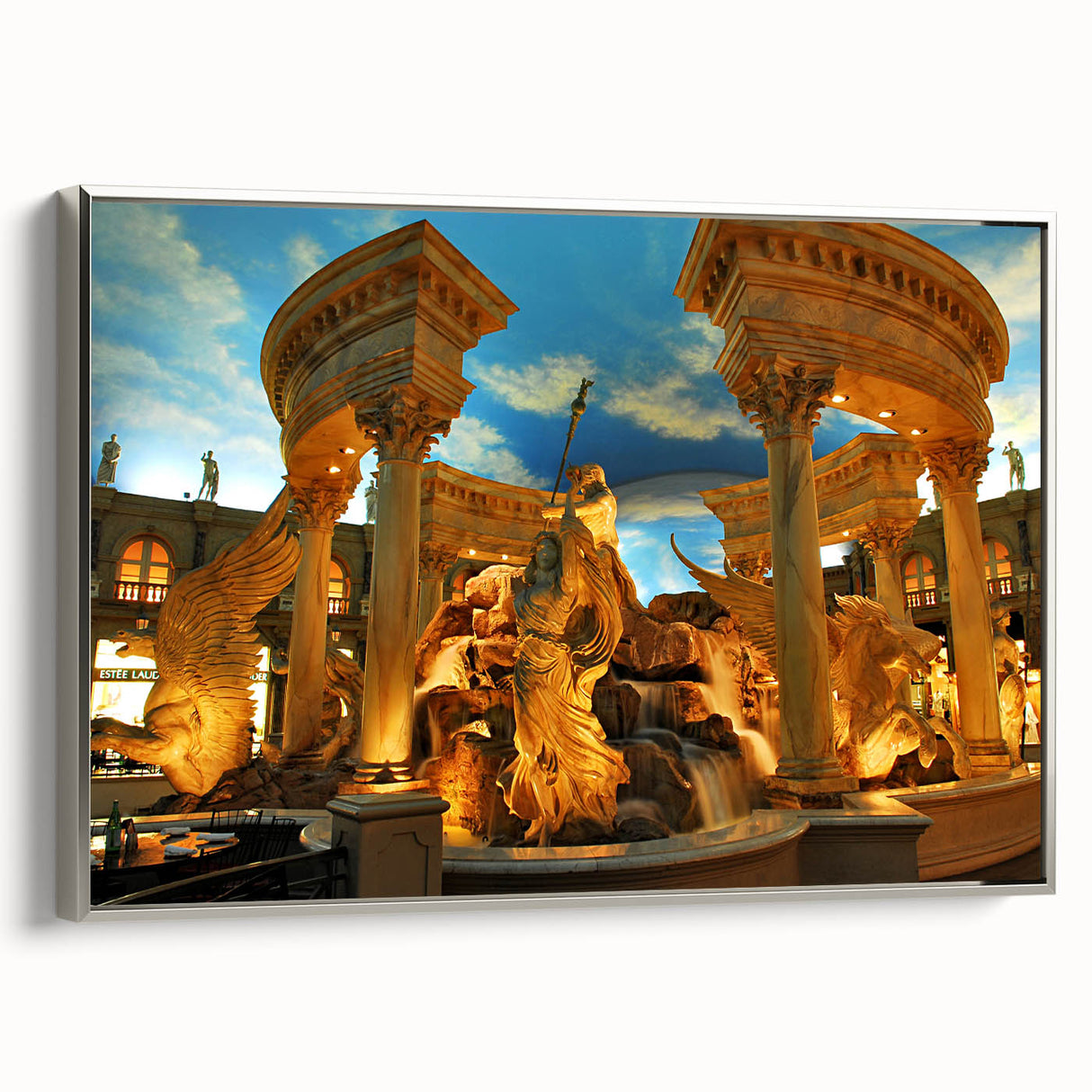 Framed canvas landscape art depicting colorful Las Vegas scene in vintage poster style, ideal for living room decor.