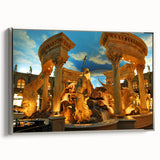 Framed canvas landscape art depicting colorful Las Vegas scene in vintage poster style, ideal for living room decor.