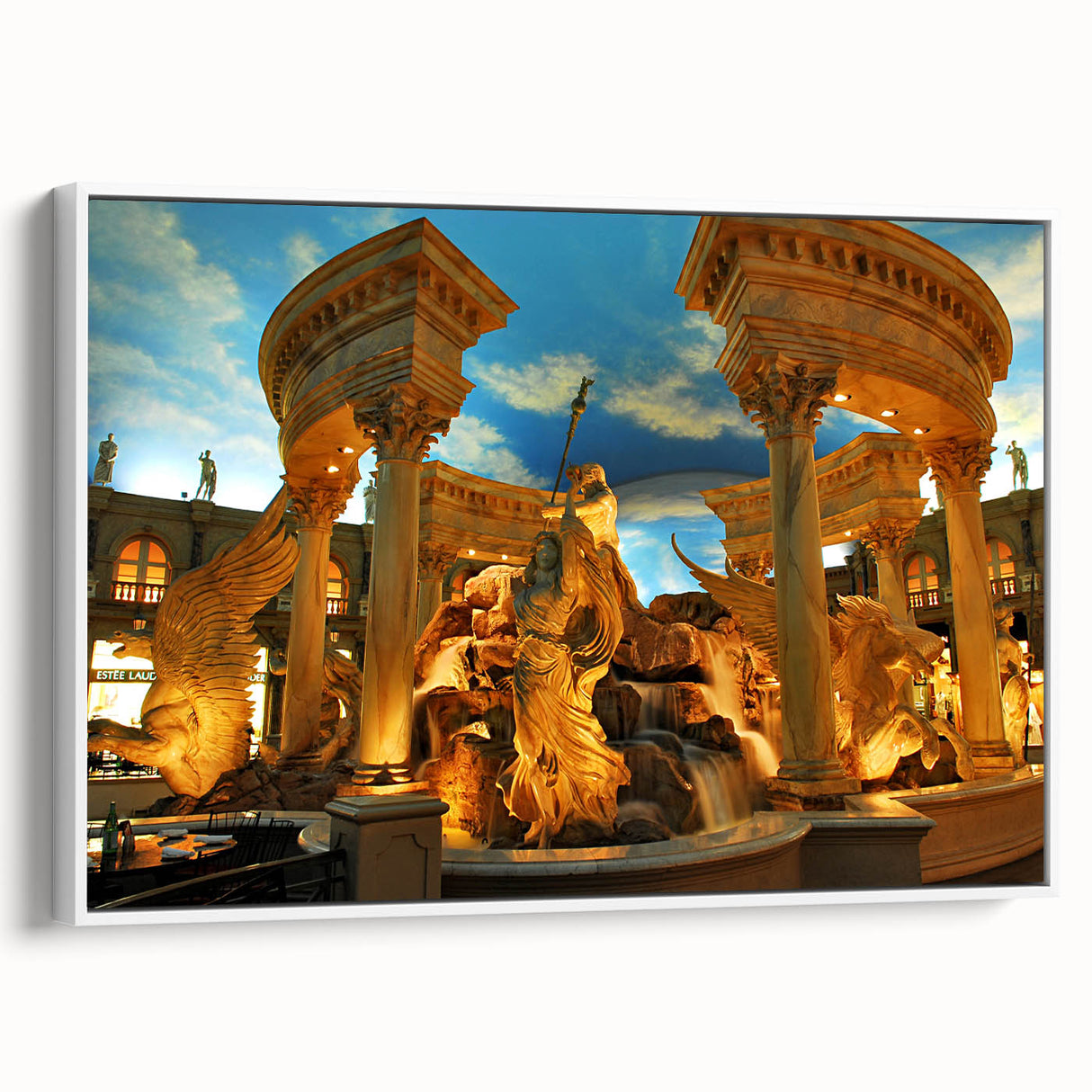 Vintage poster art of Las Vegas skyline in vibrant colors on a large framed canvas, ideal for living room decor.