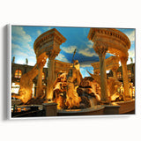 Vintage poster art of Las Vegas skyline in vibrant colors on a large framed canvas, ideal for living room decor.
