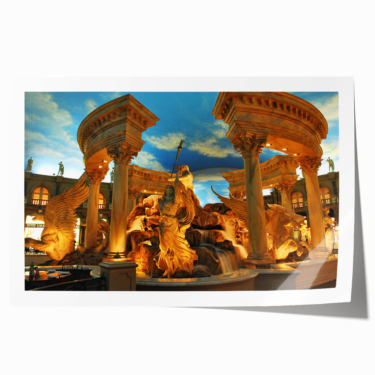 Rolled print of Las Vegas scenery featuring neon colors and city landmarks, suited for art wall dining room.