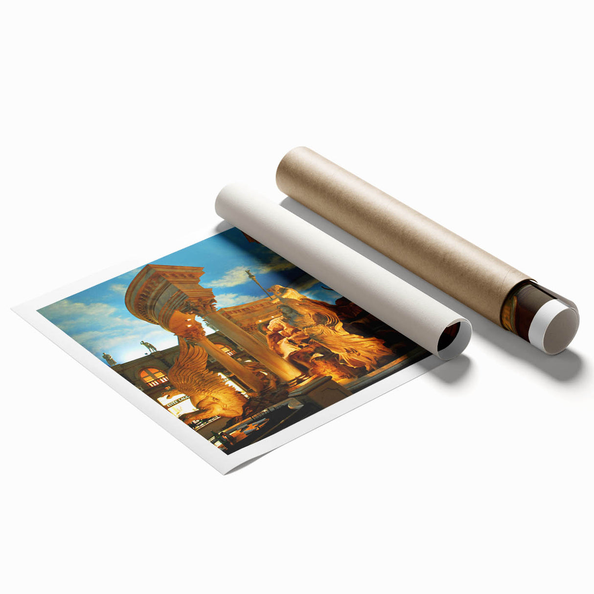 Extra large rolled print of Las Vegas skyline with muted gray and blue tones, ideal for classy bathroom wall art.