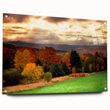 Acrylic print of a serene New Hampshire landscape, featuring soft green and blue tones, ideal for dining room decor.