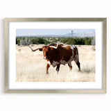 Textured abstract art print depicting a New Mexico landscape in earth tones, framed in silver, suitable for bedroom decor.