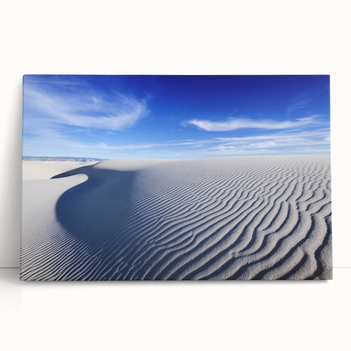 Black and white photograph of White Sands, New Mexico on stretched canvas, suitable as large kitchen or bedroom wall art.