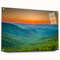 Acrylic print of Blue Ridge Mountains in muted green and blue tones, suitable for bedroom or dining room decor.