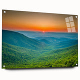 Acrylic print of Blue Ridge Mountains in muted green and blue tones, suitable for bedroom or dining room decor.