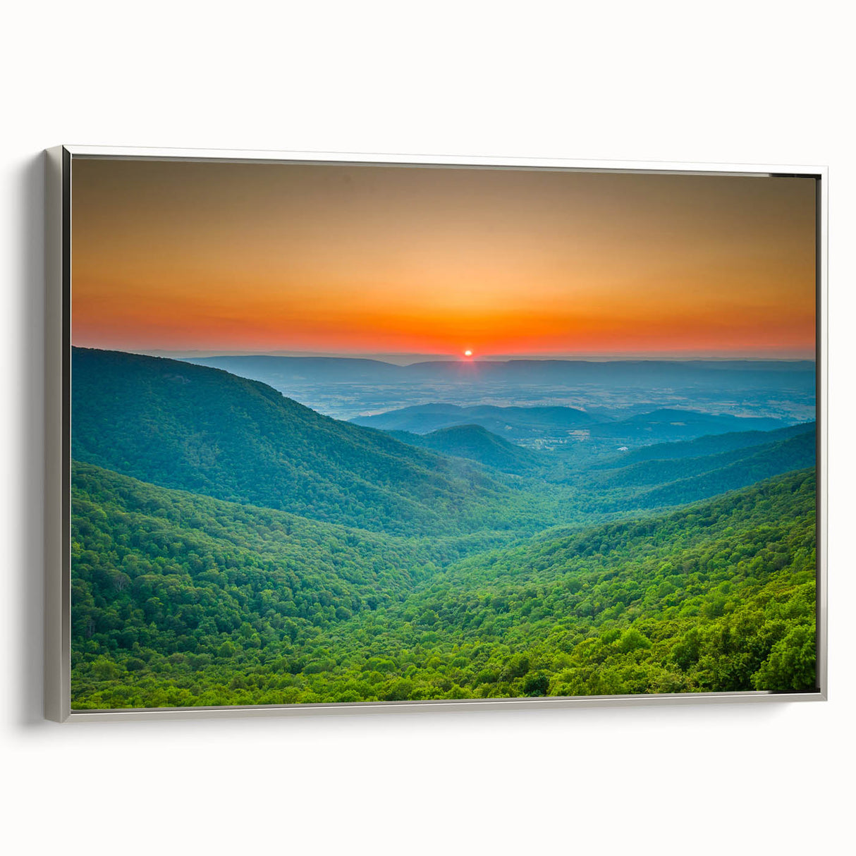 Framed canvas featuring a Blue Ridge landscape in muted green and blue tones.