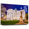 Acrylic print of a large abstract depiction of Raleigh, North Carolina, in vibrant blue and green tones.