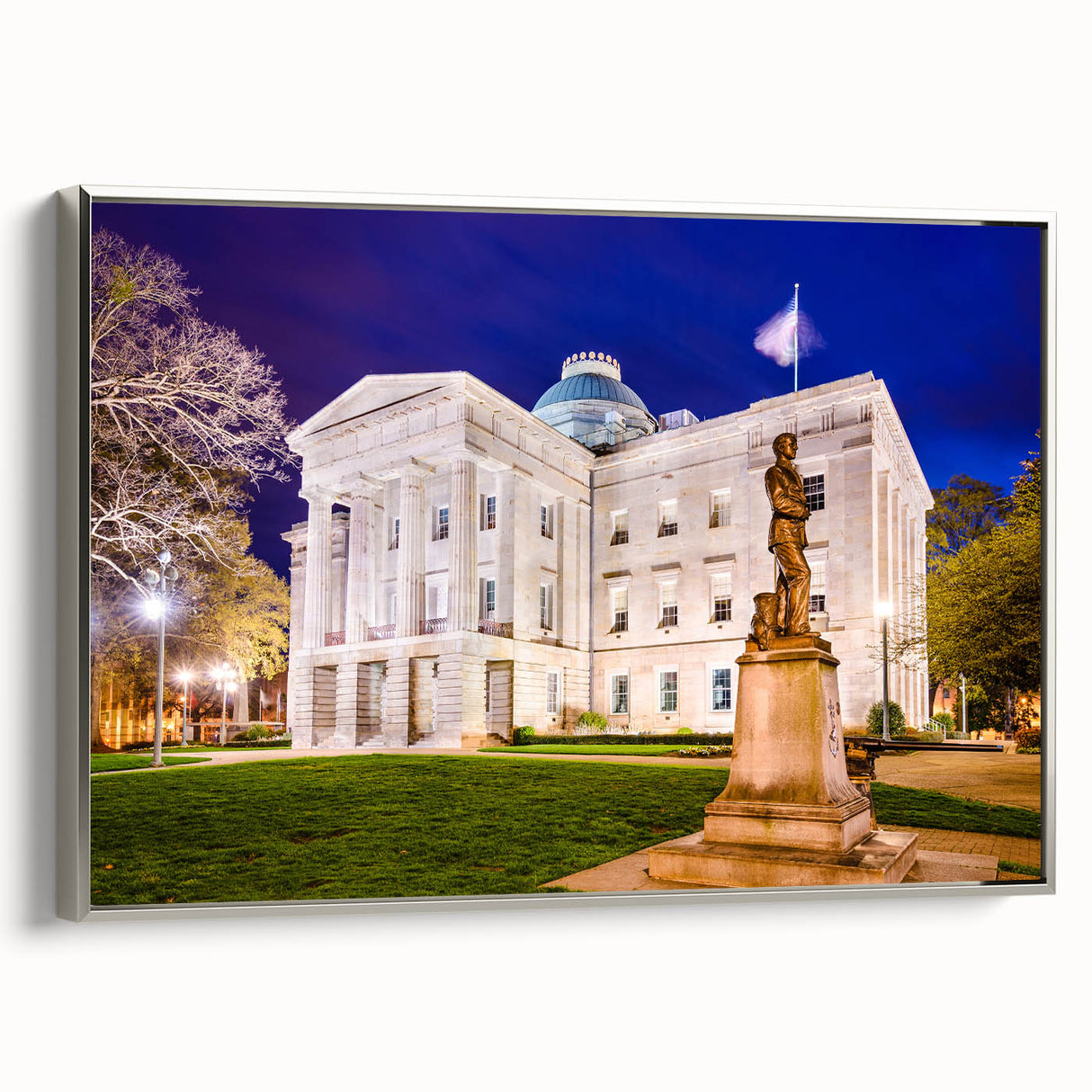 Framed canvas landscape art painting featuring a vintage-style Raleigh, North Carolina scenery in muted earth tones.