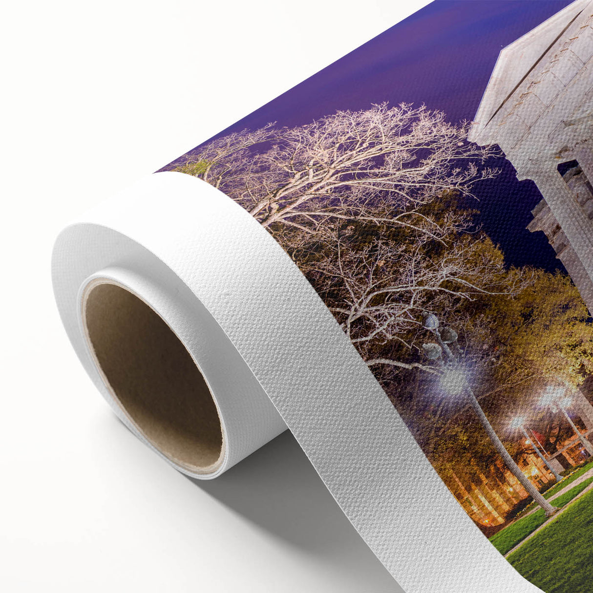 Art Deco-style poster of Raleigh skyline in pastel shades on rolled canvas, ideal for nursery wall art.