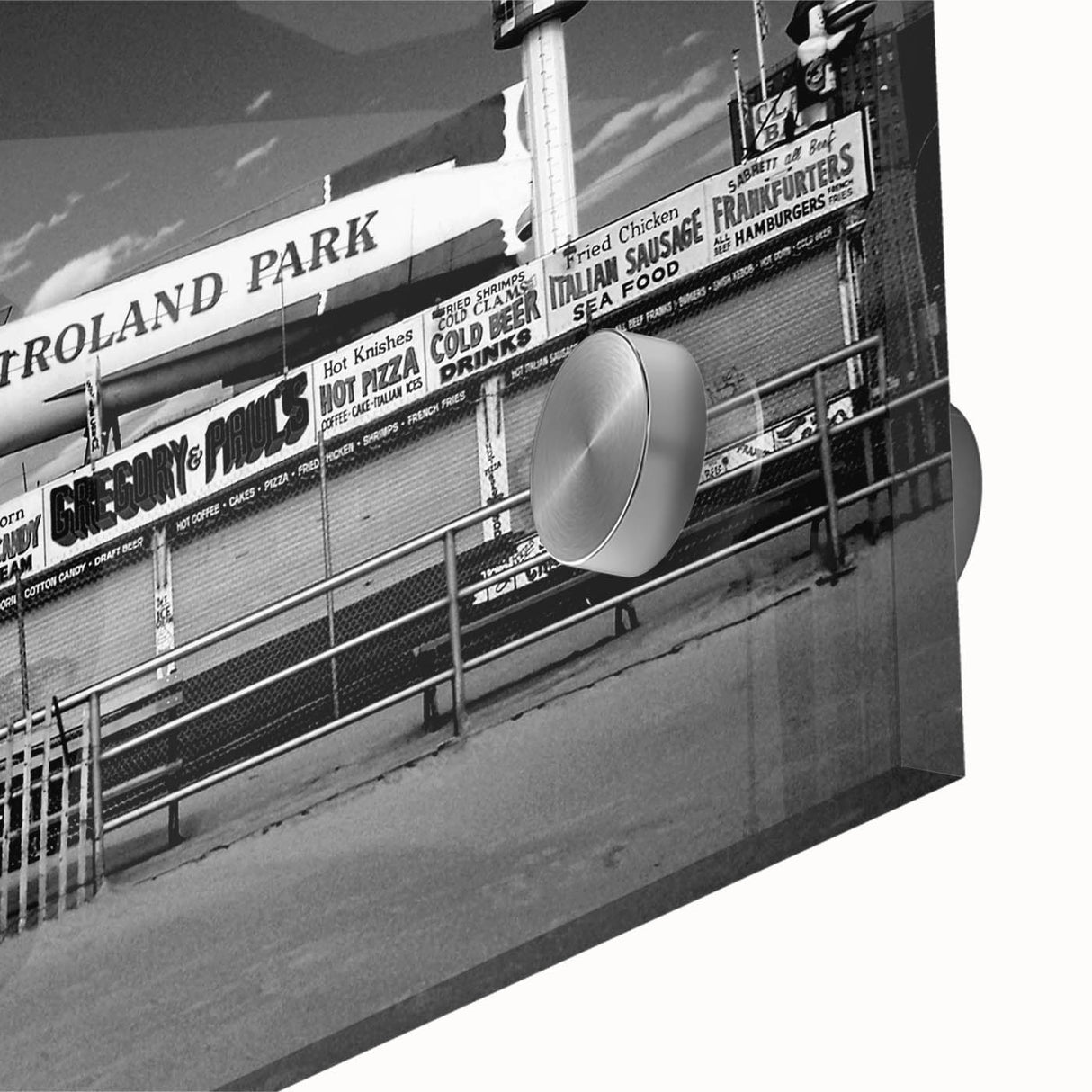 Mid-century modernist art of Coney Island with vibrant colors on acrylic glass, ideal for dining room art.