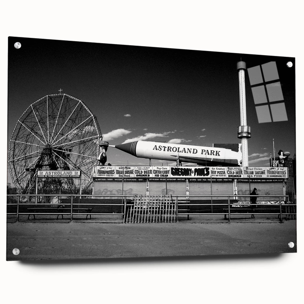 Acrylic print of Coney Island scene in muted blues and grays, suitable for dining room decor.