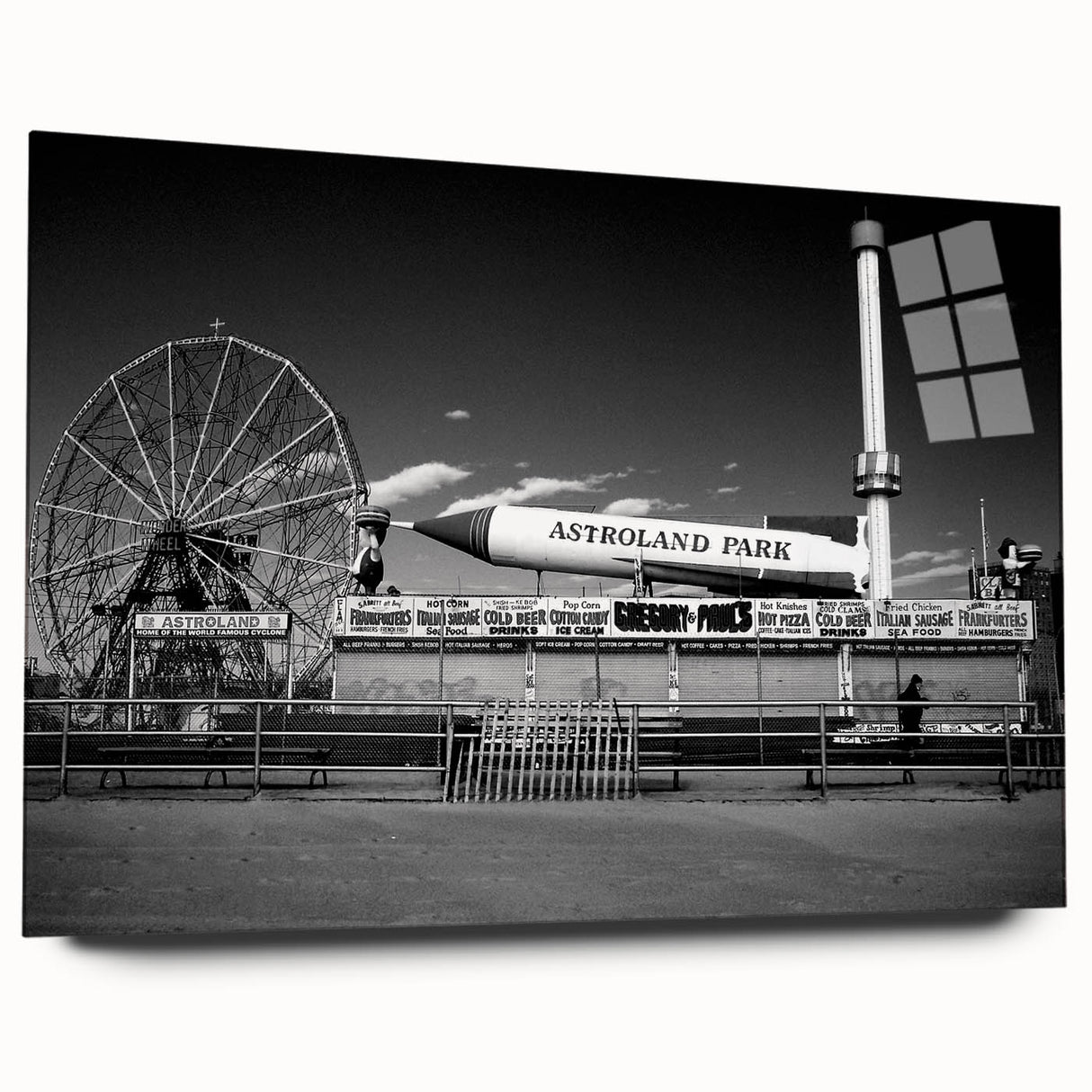 Acrylic print of Coney Island with muted blues and grays, perfect for bedroom or dining room art.