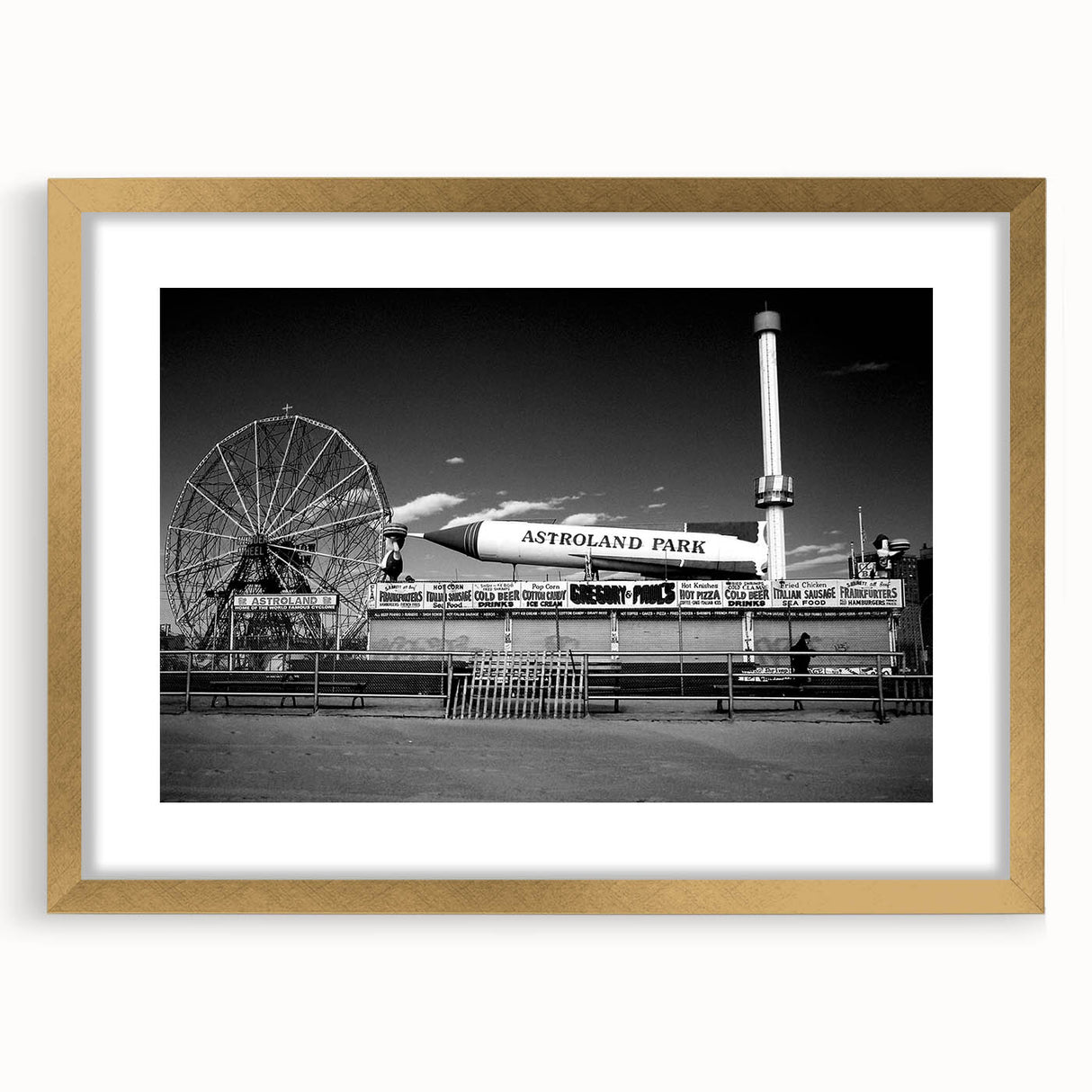 Extra large wall art depicting abstract Coney Island scenery in textured gold tones, ideal for living room decor.