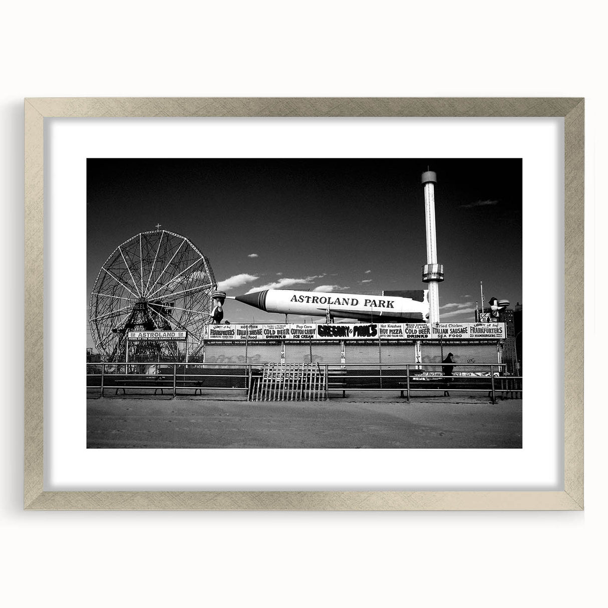 Textured art print of Coney Island in muted blues and grays, framed in silver, ideal for bedroom wall decor.
