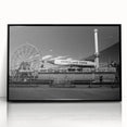 Large abstract wall art of Coney Island in acrylic, framed in black, featuring mid-century modernist style.
