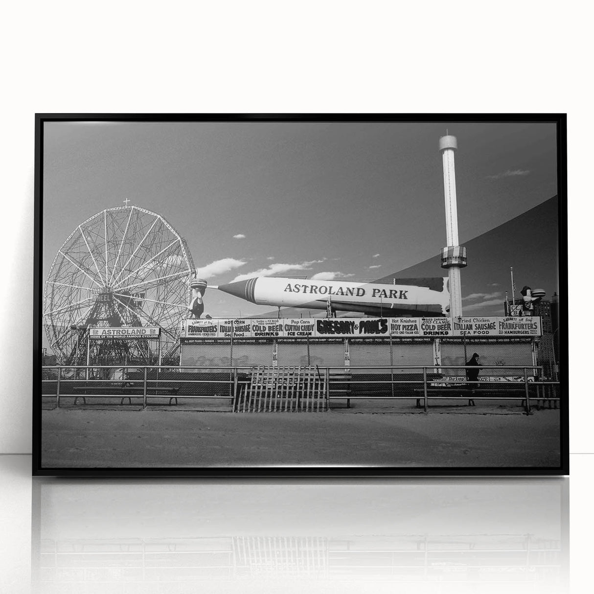 Large abstract wall art of Coney Island in acrylic, framed in black, featuring mid-century modernist style.