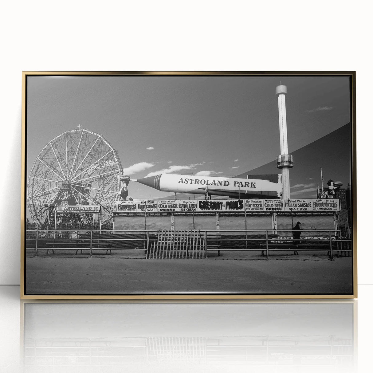 Framed acrylic print of Coney Island with muted colors and mid-century modernist style, ideal for nursery wall art.
