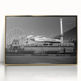 Framed acrylic print of Coney Island with muted colors and mid-century modernist style, ideal for nursery wall art.