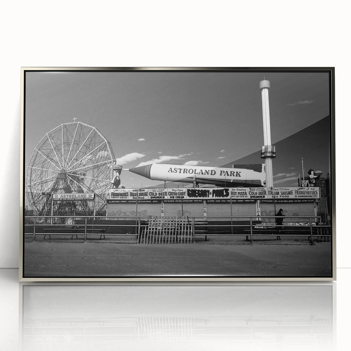 Framed acrylic print of Coney Island with mid-century modernist style in muted colors, suitable for nursery wall art.
