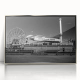 Framed acrylic print of Coney Island with mid-century modernist style in muted colors, suitable for nursery wall art.