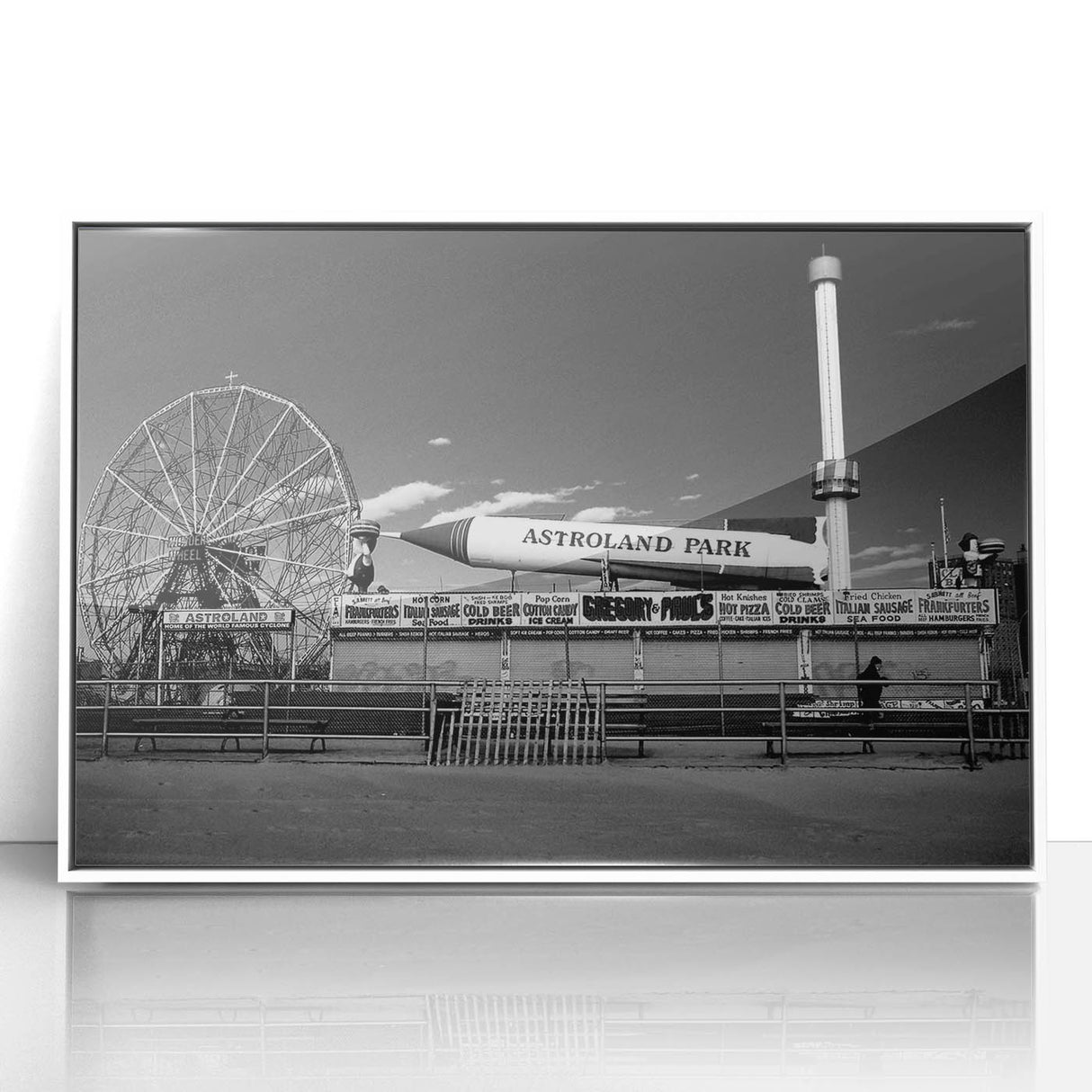 Framed acrylic print of Coney Island with art deco style in pastel shades, ideal for modern nursery wall art.
