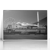 Framed acrylic print of Coney Island with art deco style in pastel shades, ideal for modern nursery wall art.