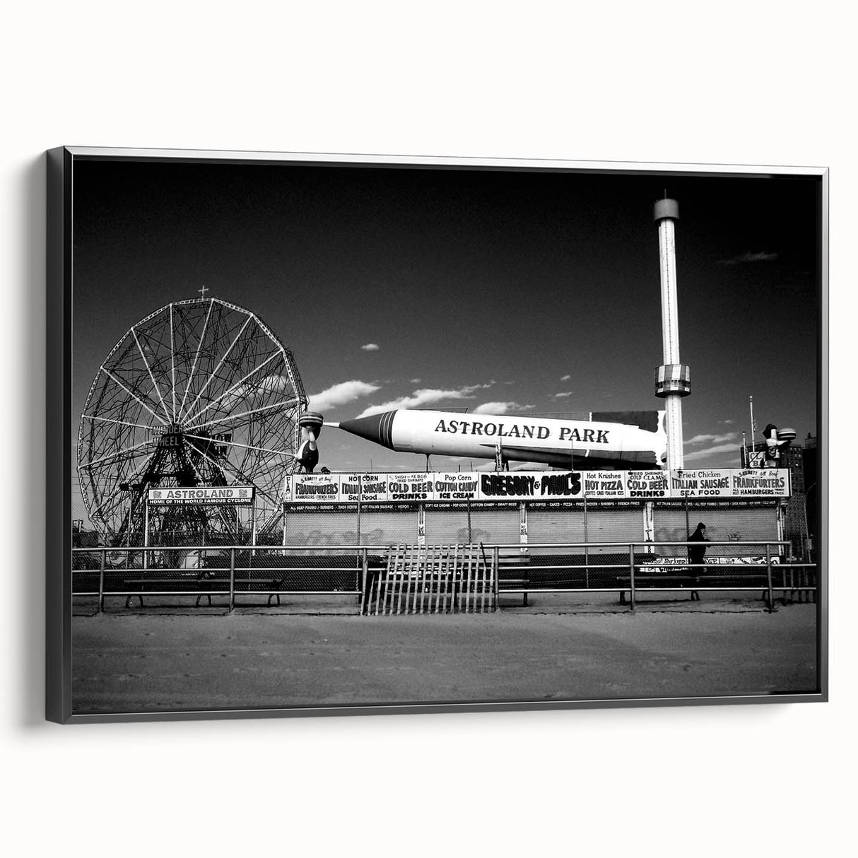 Black and white framed canvas of Coney Island landscape, perfect for bedroom decor, in a vintage poster art style.