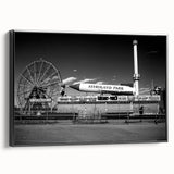 Black and white framed canvas of Coney Island landscape, perfect for bedroom decor, in a vintage poster art style.