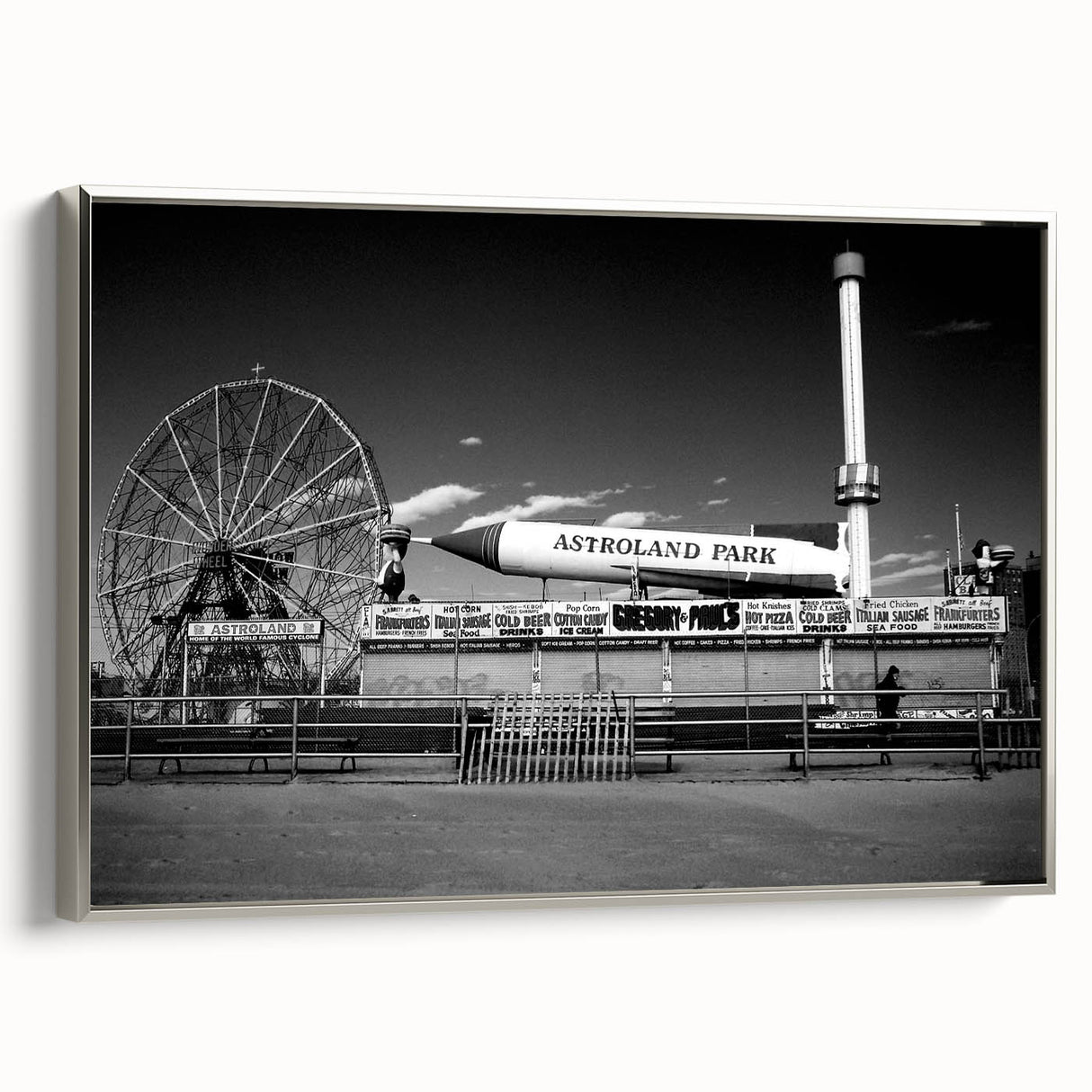 Framed canvas featuring a vintage poster-style landscape art painting of Coney Island.