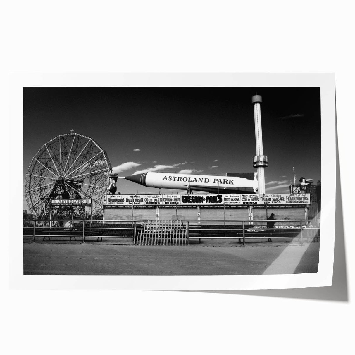 Extra large rolled print of Coney Island scenery in muted blues and grays, ideal for art wall dining room.