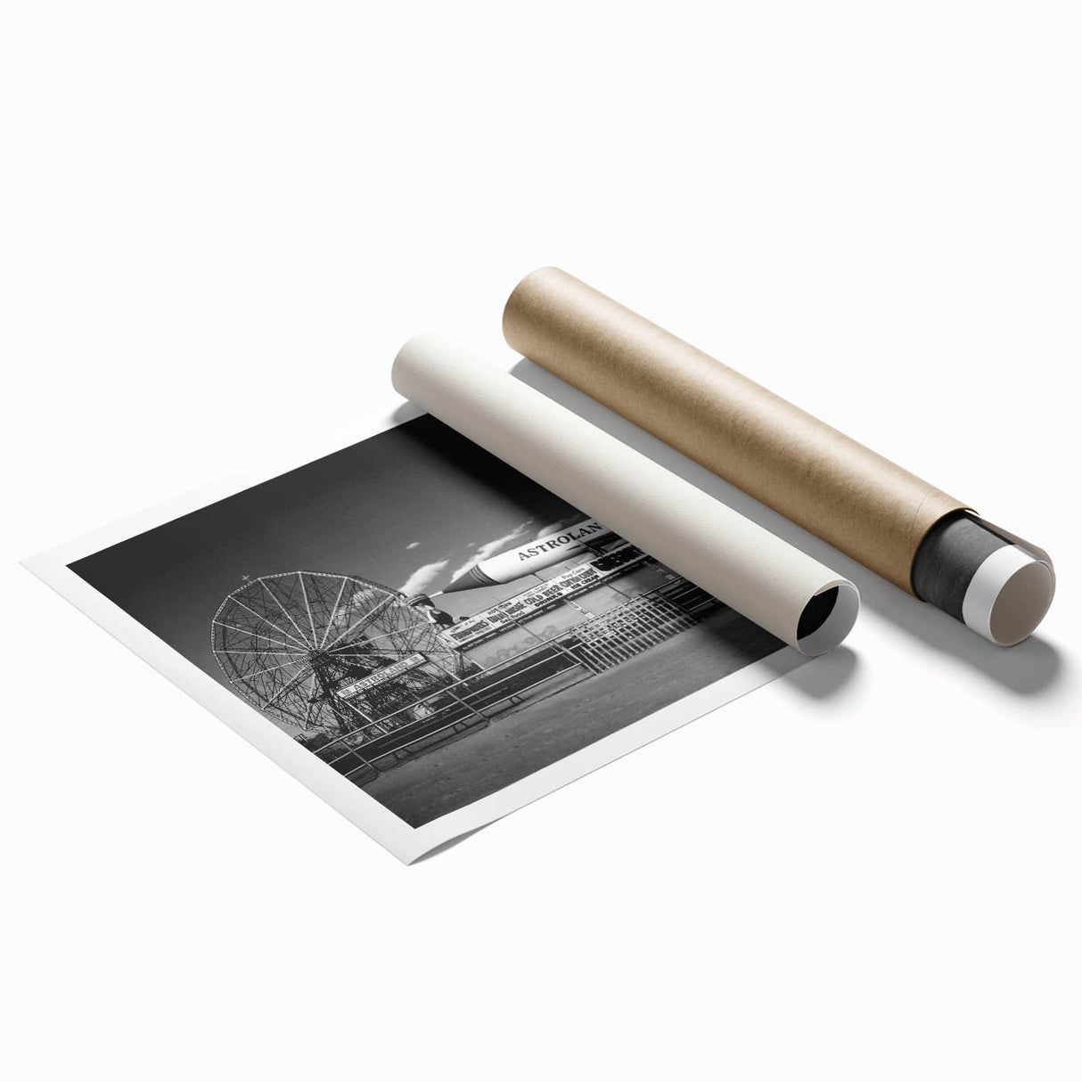 Extra large rolled print of Coney Island, featuring muted pastel shades, ideal for classy bathroom wall art.